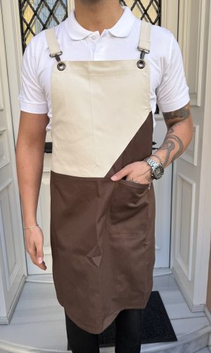 Çift Renk Çapraz Bağlamalı Tokalı Cepli Mutfak Önlüğü