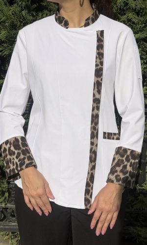 Beyaz Renk Leopar Desenli Premium Kadın Şef Ceketi